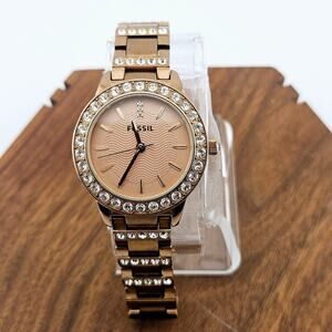 Fossil Women's Jesse Gold Tone Crystal Halo Watch Rhinestone Wide Links Glitz